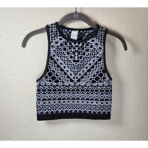 Fabletics S Veranda Seamless Crop Tank Top Black White Geometric Jacquard Knit